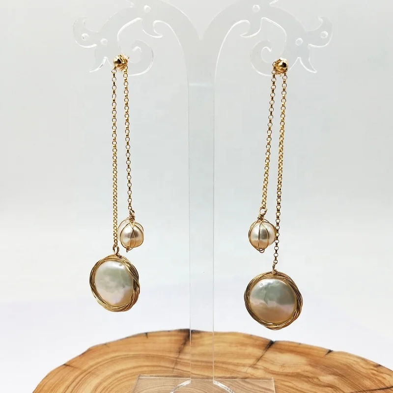 

Latest design korean 14K gold wire wrap mesh earring jewelry natural handmade wired baroque freshwater pearl tassel earrings, White pearl earrings