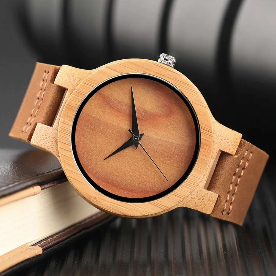 Orologio in legno con quadrante verde chiaro e marrone, minimalista, semplice, in legno, bambù naturale, per uomo e donna, in vera pelle, orologio da regalo Reloj de madera 2017 2018, regali per uomo (22)