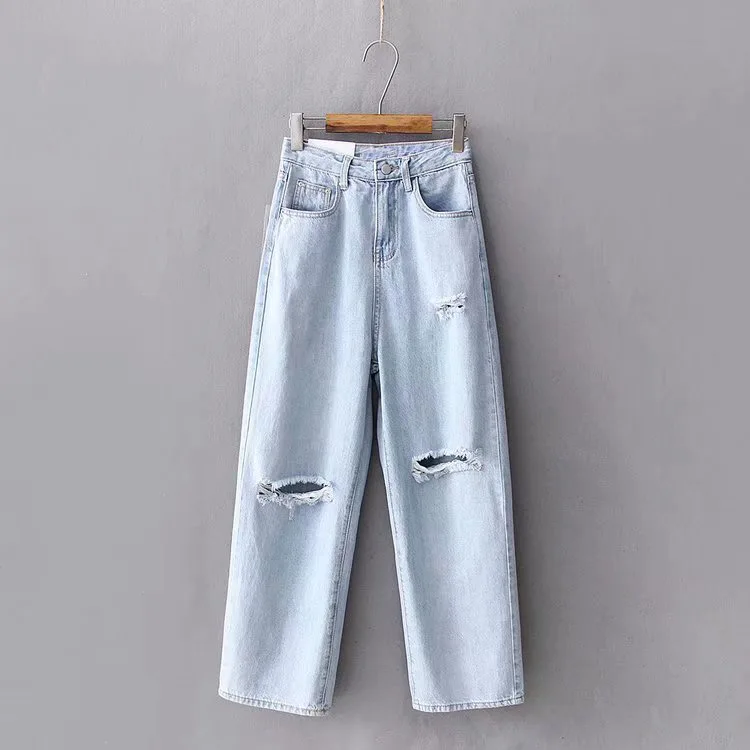 

2019 new design casual loose blue color ripped women denim jeans pants