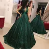 ZH0889Q Sparkly Sequined Evening Dresses Sexy Deep V Neck Sleeveless A Line Prom Gowns lace-up back Illusion Red Carpet Dresses