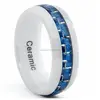Comfort Fit Ring White Ceramic Men's Wedding Band Inlay Blue Carbon Fiber Rings, Mens White Ceramic Wedding Rings