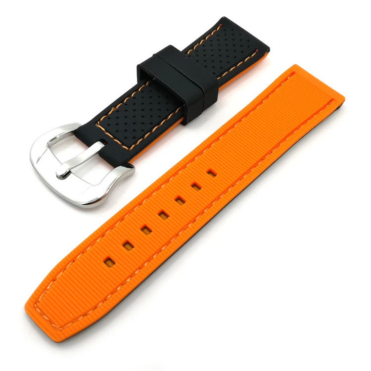 

double color sport stitching 20mm 22mm 24mm rubber silicone watch band, Orange red blue