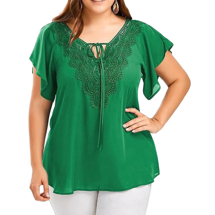 Large Size Bright Green New Fashion Short Sleeve Lace Stitching Women ...