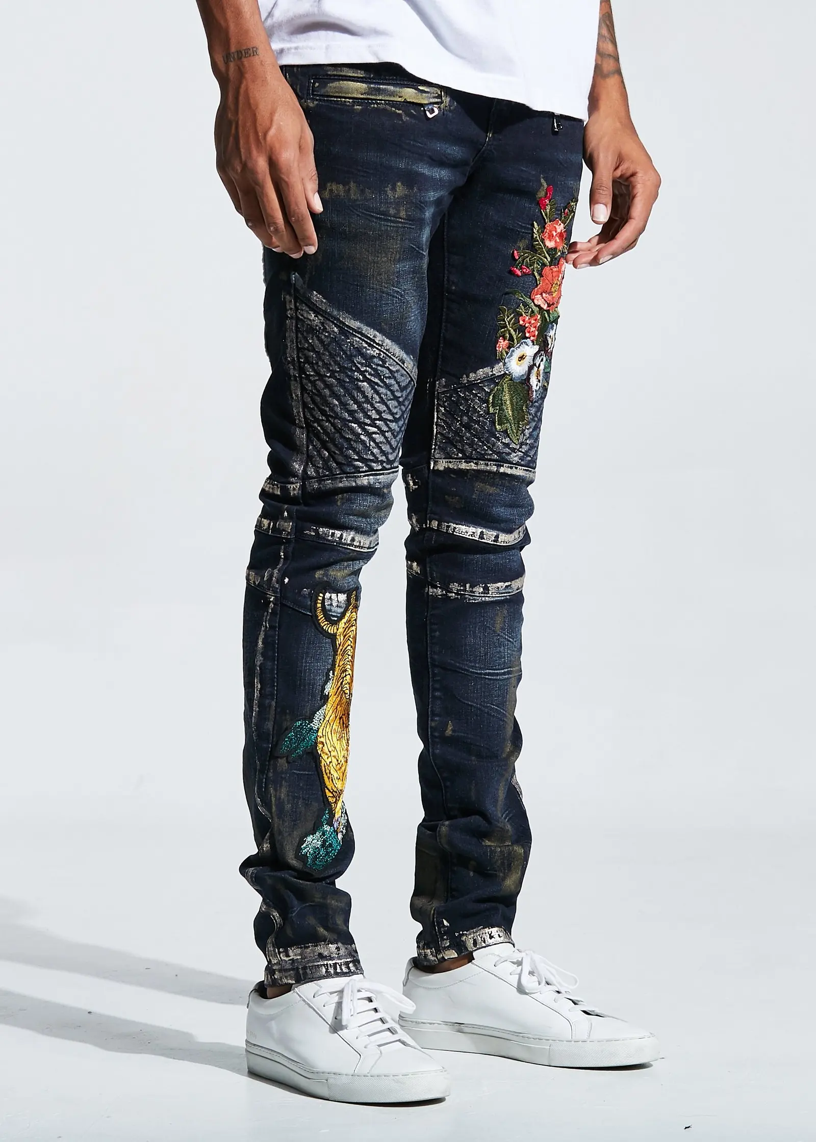 Oem Skinny Destroyed Crazy Jeans For Men Biker Jeans Floral Embroidery
