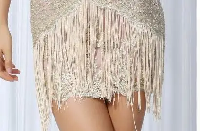 Woman Sexy Lace Sequin Deep V Tassels Backless Revealing Evening Party Mini Dress