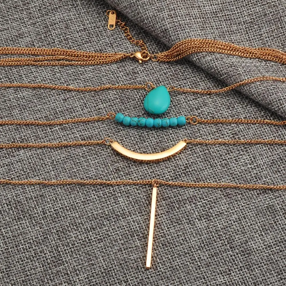 Fashion Jewellery Women Turquoise Stainless Steel Bar Multilayer Necklace