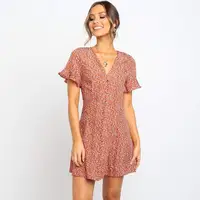 

Summer Women's V-neck Short Sleeve Single-Breasted Slim Print Dress