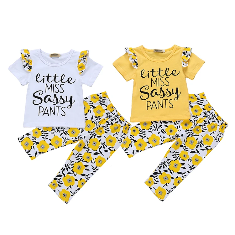 

Yellow flower-themed pantsuit for girls with round collar girls printed cotton suits baby girl clothes set suit