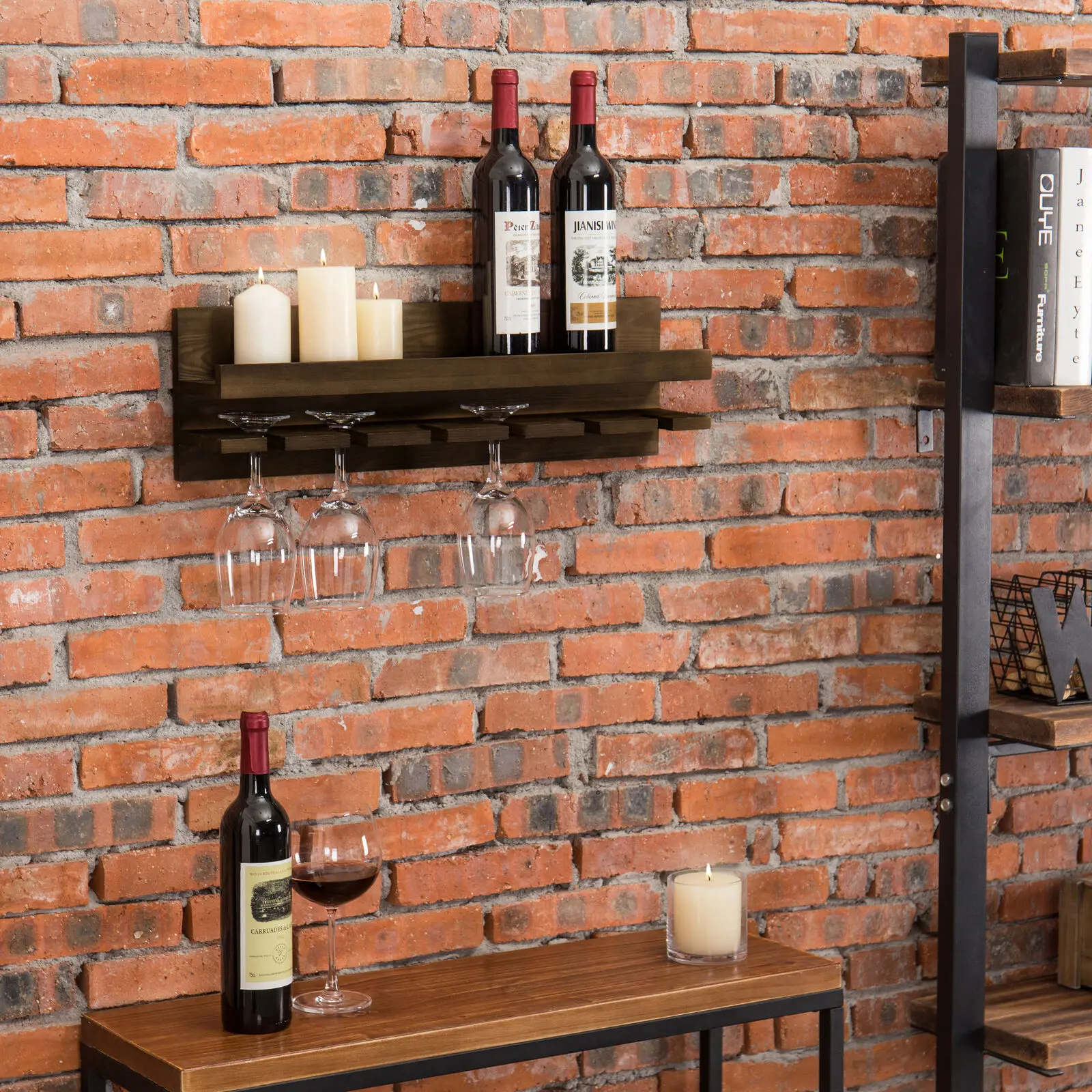 De Madera Montado En La Pared De La Botella De Vino Rack Y 6