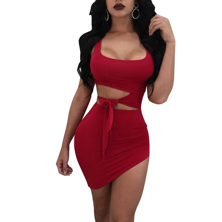 

High Quality New Hollow Tie Short Sexy Red Bodycon Mini Dress, As shown