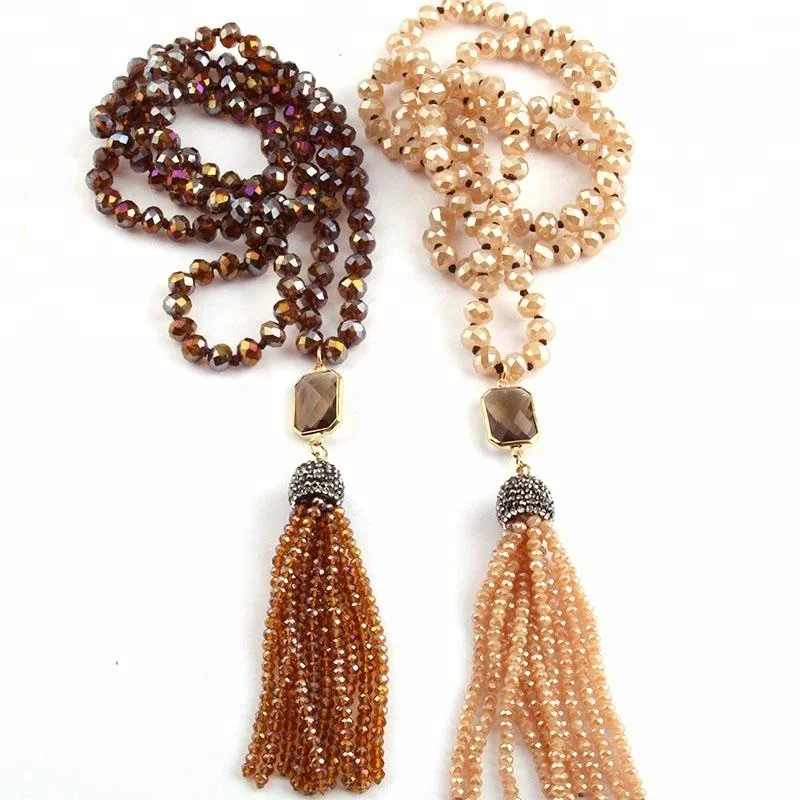 

Fashion 5x8 Women Long Brown and Beige Crystal Glass beads Knotted Necklace Rectangle Glass link Tassel Necklace