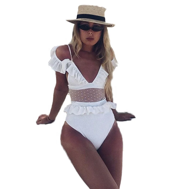 

2019 Black White Off Shoulder Dots Mesh Ruffle High Cut Waist Women Bathing Suits Bikini One Pieces Swimsuit Swimwear Wholesale