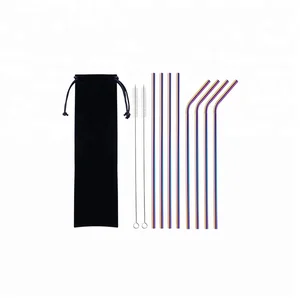 Image of Reusable rainbow 304 stainless steel straw drinking straw with brush