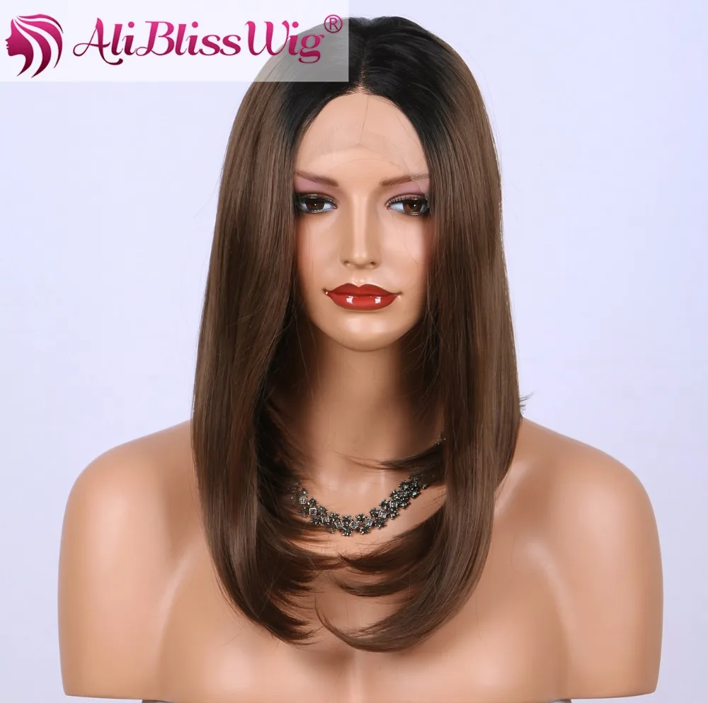 

Middle Part Dark Roots Two Tone Ombre Chocolate Brown Heat Safe Fiber Synthetic Short Bob Lace Front Wig for African American