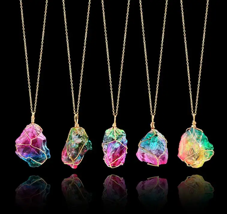 

WIIPU Natural Crystal Chakra Rock Necklace Irregular Quartz Rainbow Stone Pendant 1pc