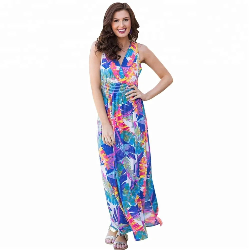 

601535 Summer European And American Women's Beach Split Print Dress, Green;red;black;blue;floral print etc.