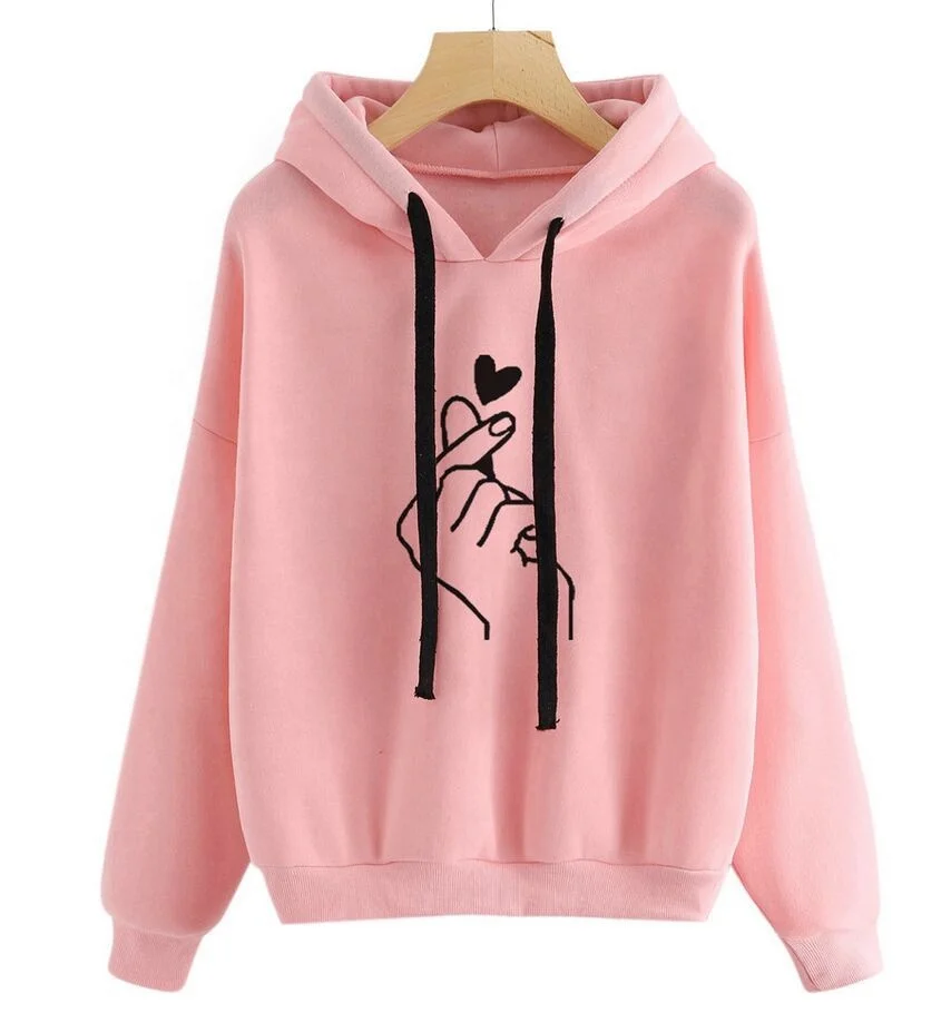 

Harajuku Women's Sweatshirt and Hoody Ladies Oversize K Pop Yellow Pink Love Heart Finger Hood Casual Hoodies for Women Girls, Customized color