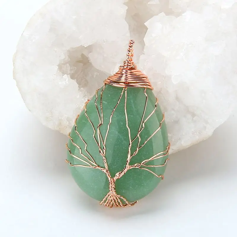 

Natural purple Quartz Opal Stone Pendants Handmade Rose Gold Color Tree of Life Wrapped Drop Shaped crystal pendant necklace