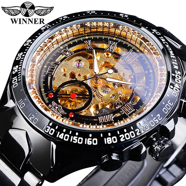 

WINNER Men Gold Watches Automatic Mechanical Watch Male Skeleton Wristwatch Stainless Steel Band Luxury Brand Sports Design, 5 colors