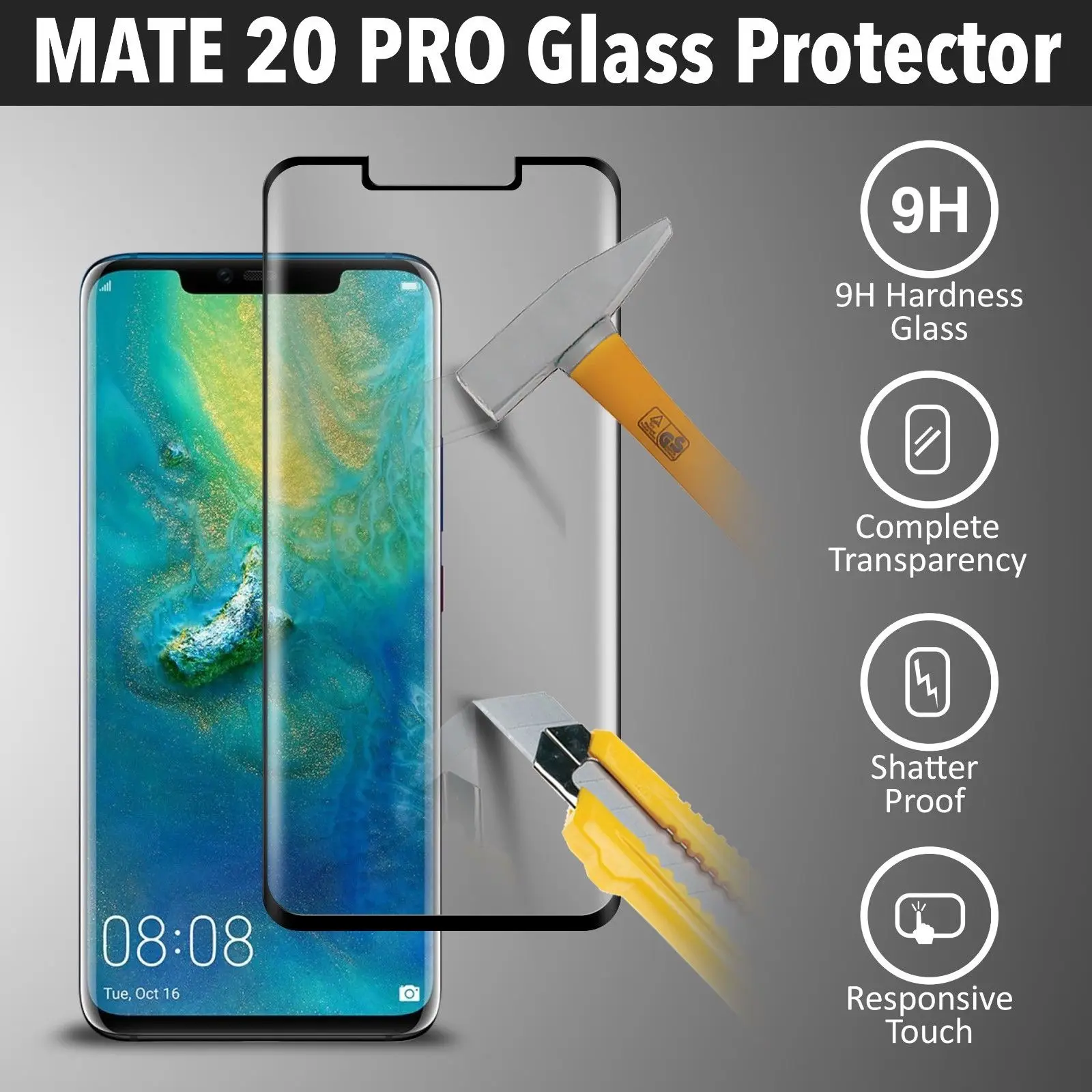 

Anti Scratch 5D Curved 9H clear Tempered Glass Film Screen Protector For Huawei Mate 20 Pro, Transparency 99% color