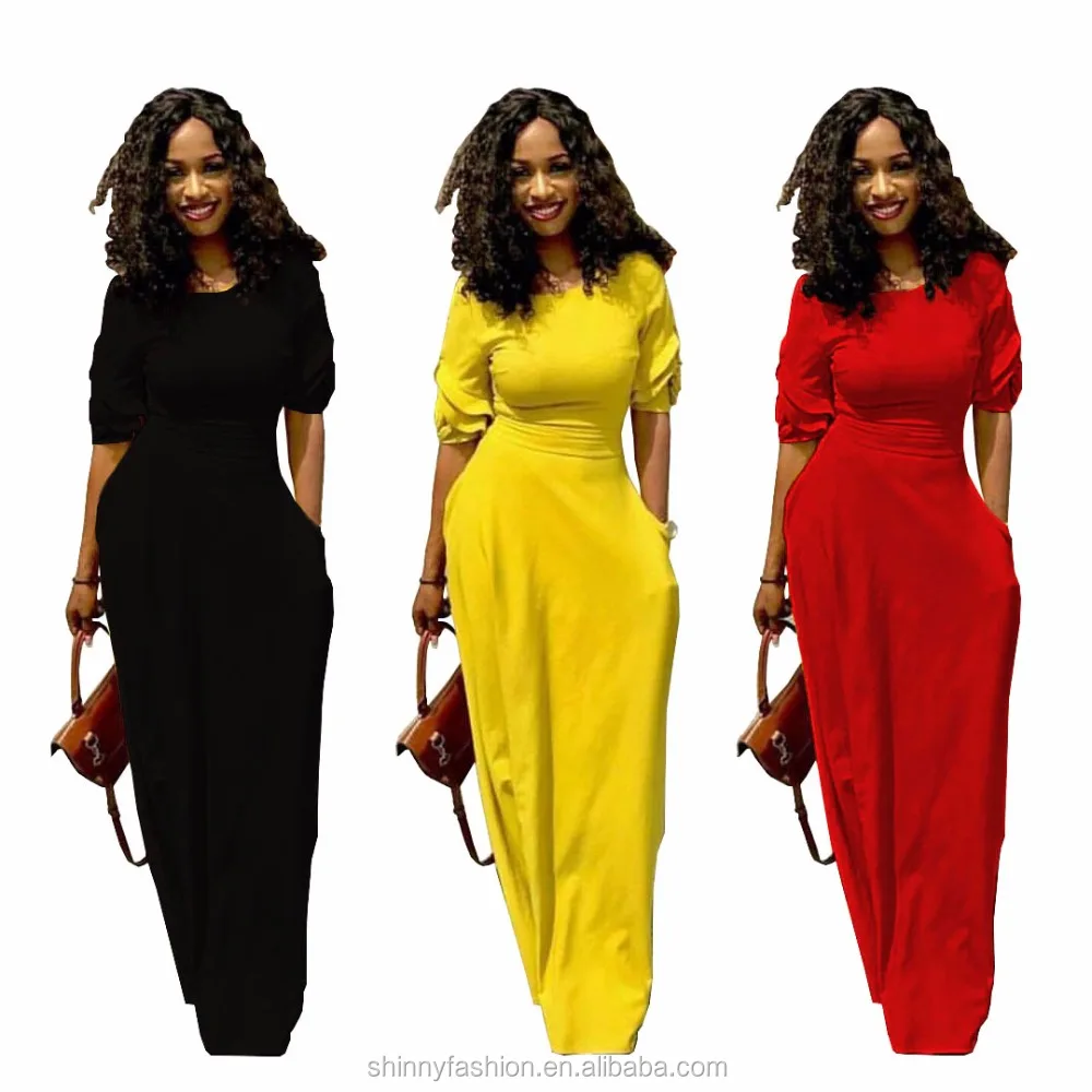 Summer O Neck Puff Sleeve Solid Bodycon Slim Maxi Dress Long Casual Wear Clothing 2020 Women Dresses C12842