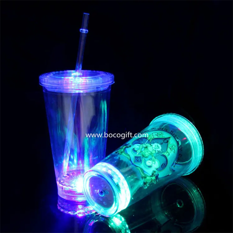 New Led Reusable Plastic Straw Cup Light Up Double Wall Plastic Cup ...