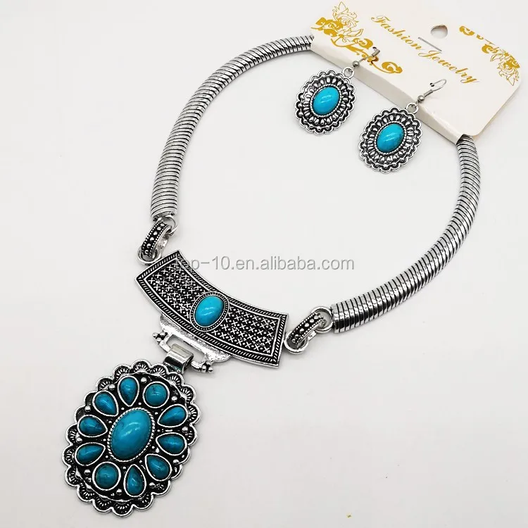 

2019 Bohemian Vintage Bridal Jewelry Sets Antique Alloy Turquoise Bead Retro Choker Pendant Charm Necklace Dangling Earring Set