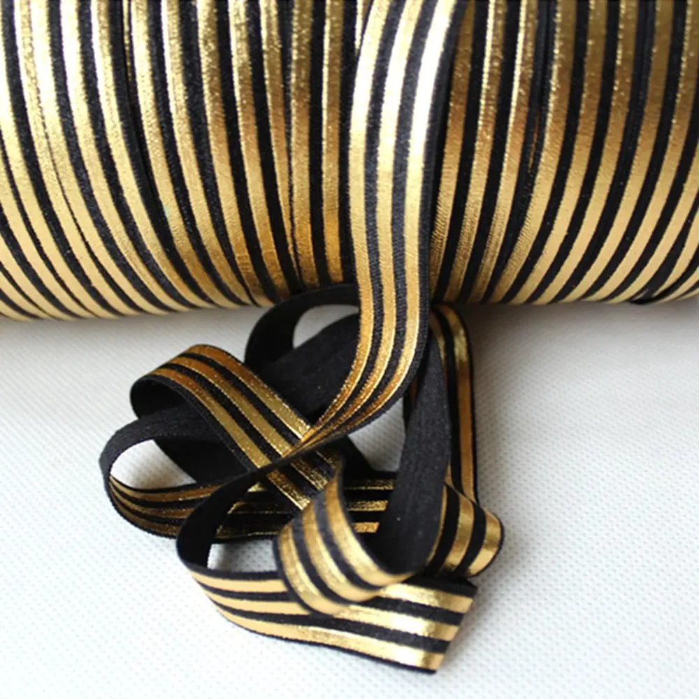 

15mm 5/8 gold stripes printed fold over elastic ribbon FOE for headband, As pic