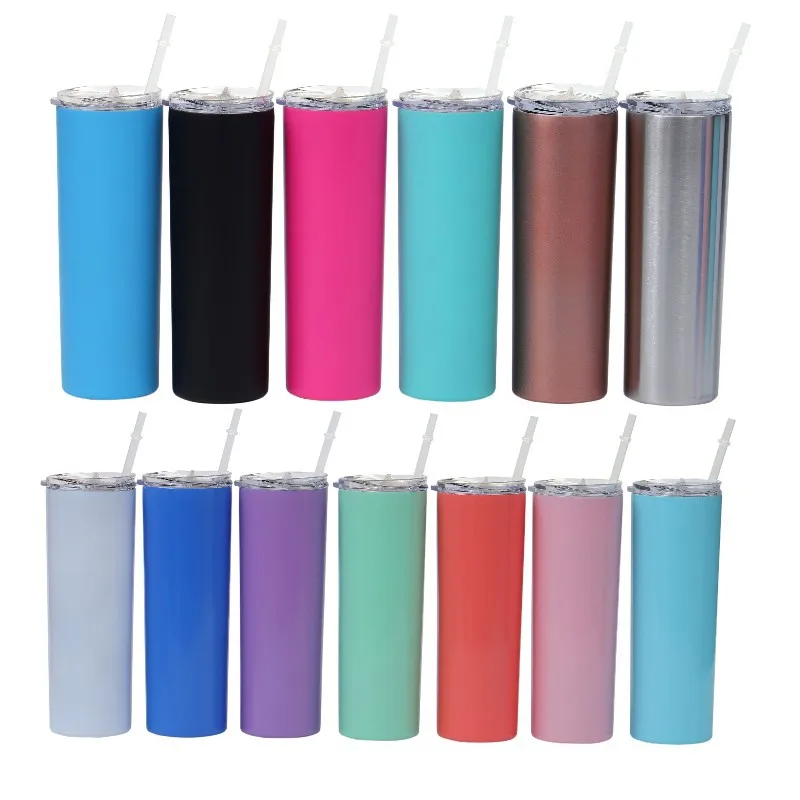

600ml 20oz Stainless Steel Skinny Tumbler Vacuum Insulated Straight Cup Beer Coffee Mug Glasses with Lids and Straws, White;orange;black;red;blue;green;purple;rose gold