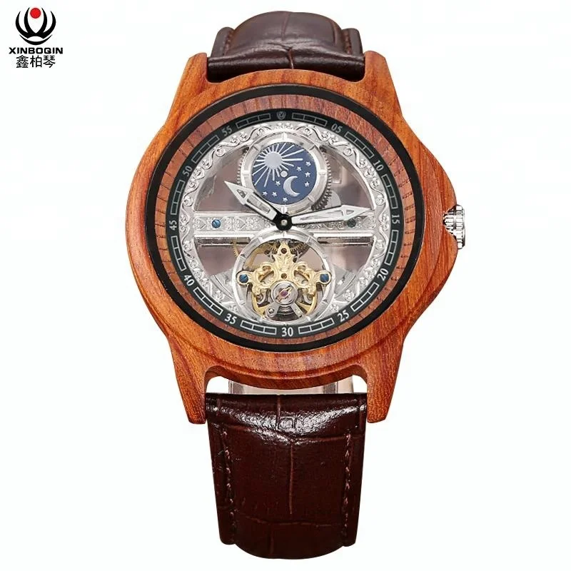 

XINBOQIN Creative Design Moon Phase Leather Waterproof Mens Automatic Mechanical Wood Watch Custom Logo Small order, Photo color