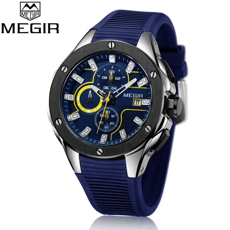 

2020 Megir 2053 jam tangan chronograph watch Stainless Steel Back WristWatch Quartz waterproof Sport Silicon Man luxury Watch