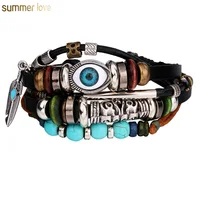 

New Fashion Multilayer Turkey Blue Eyes Beaded Braided Alloy Hand leather Bracelets For Men and Women Lucky Wholesale Jewelry