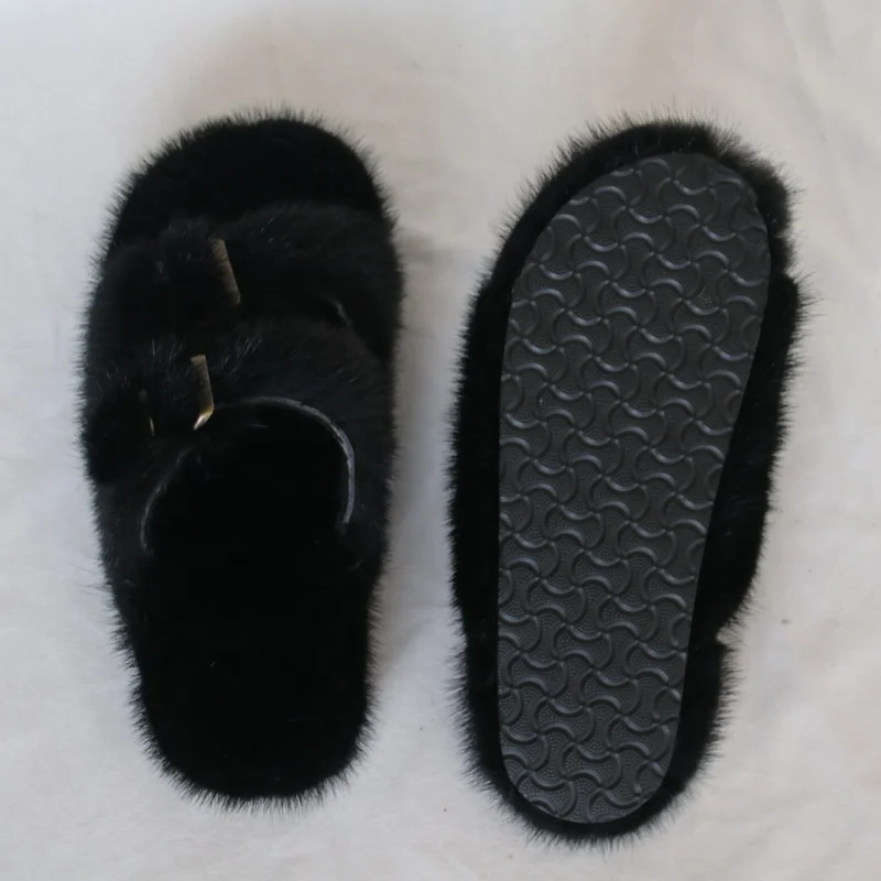 Black Real Mink Fur Cork Slippers Indoor Genuine Fur Slides Men Women ...