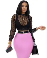 

PA6045 women's sexy black mesh transparent see through crop top shirt