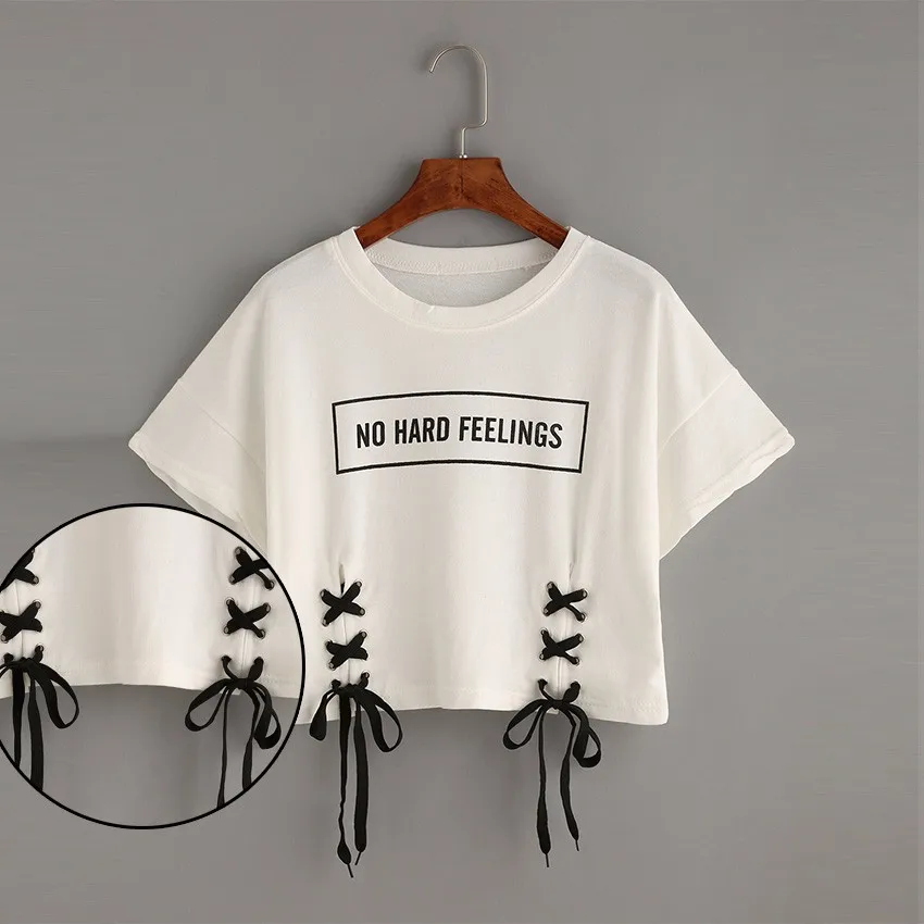 New Arrival Lovely Fancy White Letter Print Lace Up Crop Girl Or Lady T Shirt Buy Ladies T Shirt Print Design Girls Stylish T Shirt Sweet Girl T Shirt Product On Alibaba Com