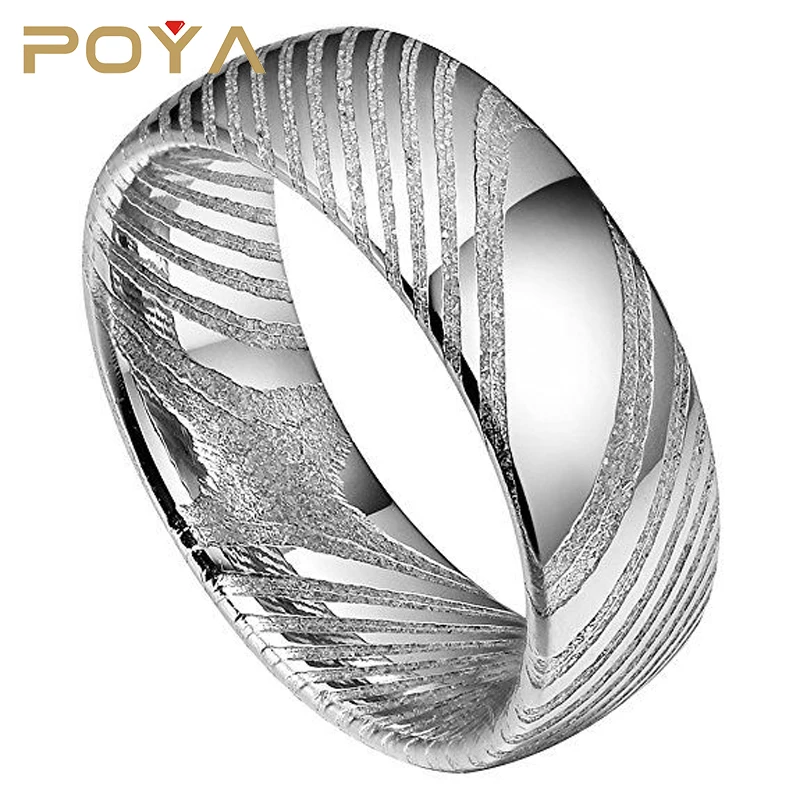 

POYA Jewelry 8mm Damascus Steel Mens Wedding Ring Domed Wood Grain Bold Hand Wedding Band