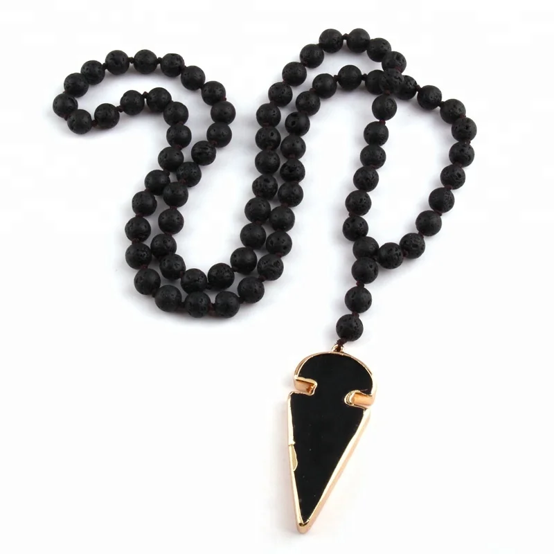 

Fashion Women 8mm Natural Lava Stone Knotted Black Stones Arrowhead Pendant Necklace
