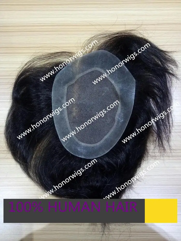 
HT427 human hair 6x8 inch Toupee #1B+5% offwhite color synthetic hair 6inches length 120% density natural wave right part wig 