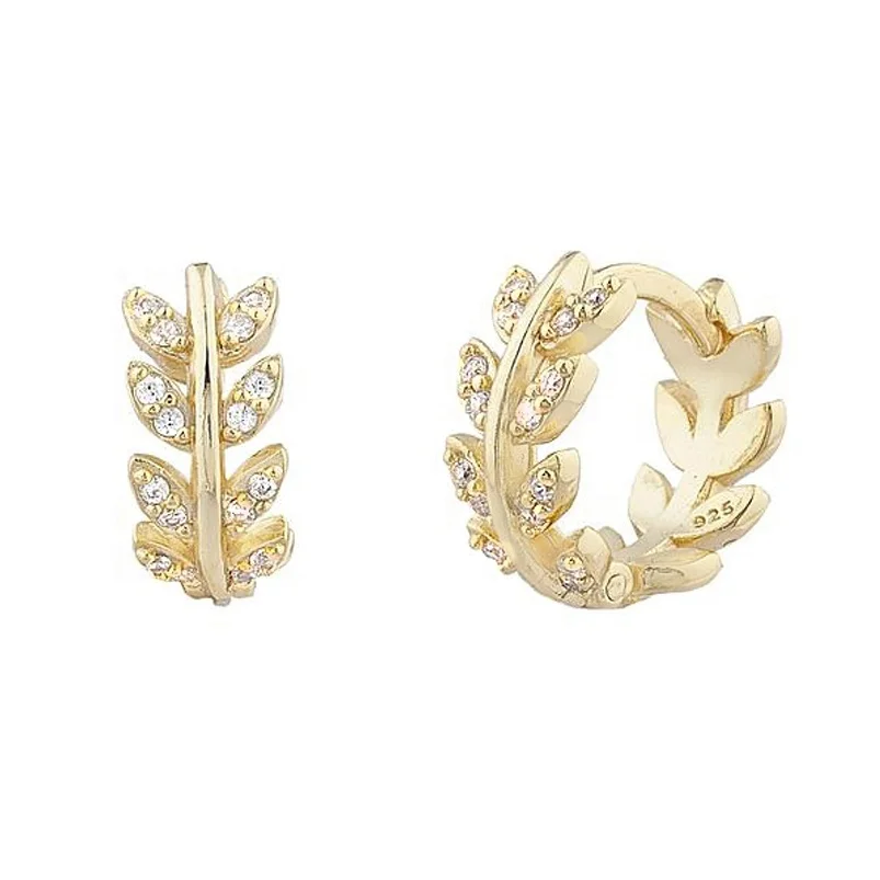 

Gemnel recycled sterling silver women jewelry 18k gold diamond leaf huggie hoop earrings