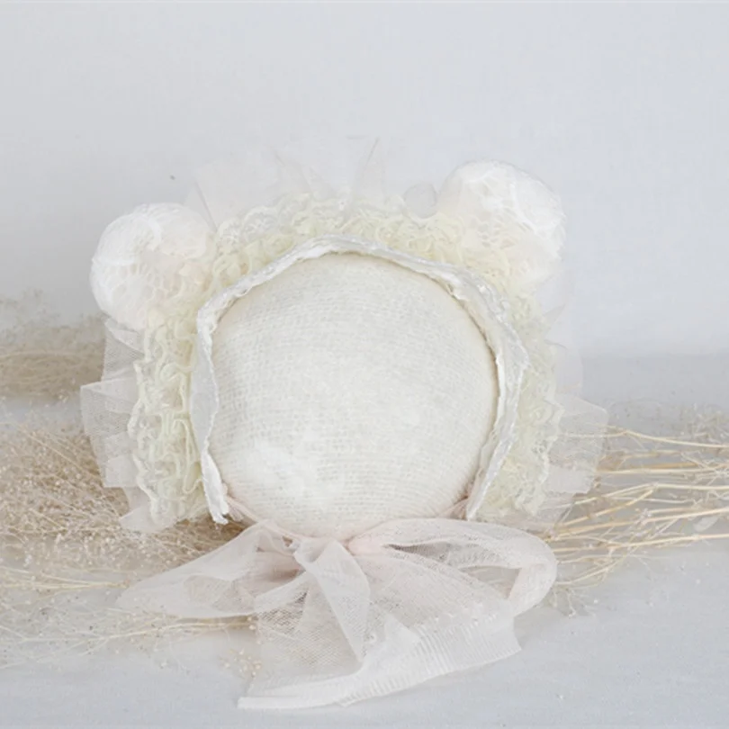 

White Ruffle Lace Bonnet Handmade Teddy Bear Hat Photography Props Newborn Knit Photo Prop Hat Lace Fabric Animal Bonnet, Multiple color