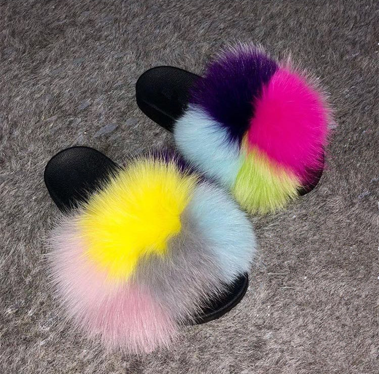 

Hot New Design Jtfur Multicolor Women Fox Fur Slippers Fluffy Real Fur Slides
