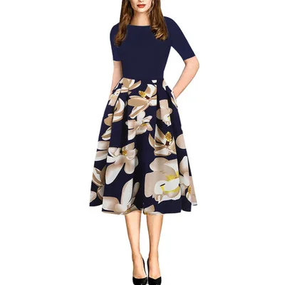 

Women's Vintage Patchwork Pockets Puffy Swing Casual Party Dress, As shown
