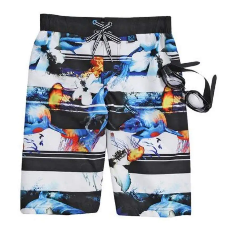 Boys Yellow//Black Striped Sharks Cargo Board Shorts Swim Trunks