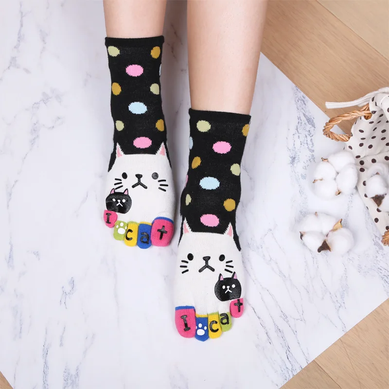 

Women Girls Dot Toe Socks Five Finger Cotton Casual Cat Socks, 5 colors