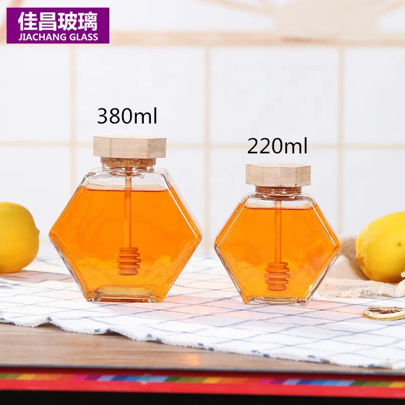 

Spot High-Grade Hexagonal Wood Cover Honey Jar with Stirring Rod Glass Jars For Honey, Clear