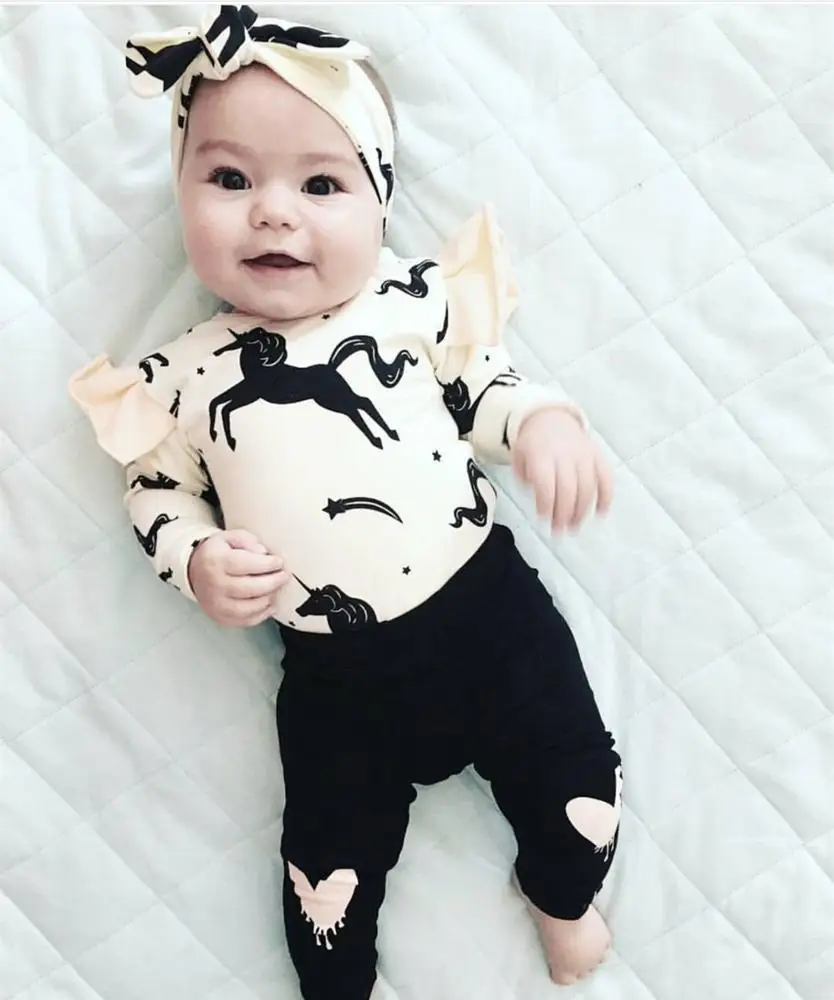 Girl unicorn print cute fly sleeve 3pcs set baby items onesie babies clothes newborn romper sets