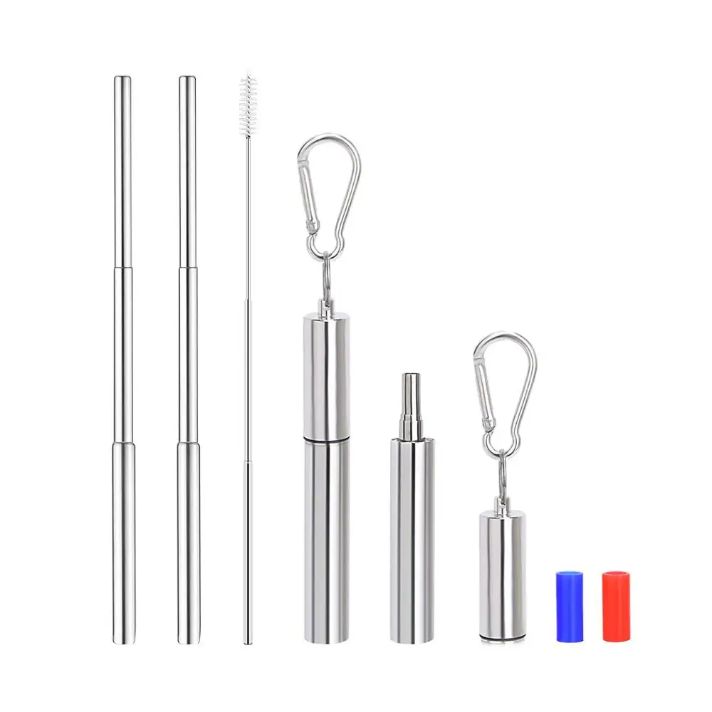 

Wholesale Amazon Best Seller 2019 New Telescopic Portable Reusable Straws 2 Pack Reusable Travel Stainless Steel Drinking Straws, Silver