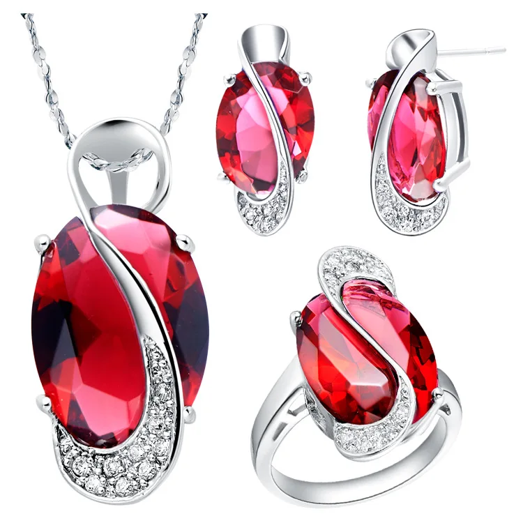 

Free Shipping Fashion Costume Copper Jewelry Ruby Sapphire Gemstone 18k White Gold Jewelry Sets for Girls Women Accessories Gift, 5 colors as shown in stock