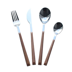 Image of Cathylin stainless steel wooden color plastic handle flatware sets spoons knife fork cutlery