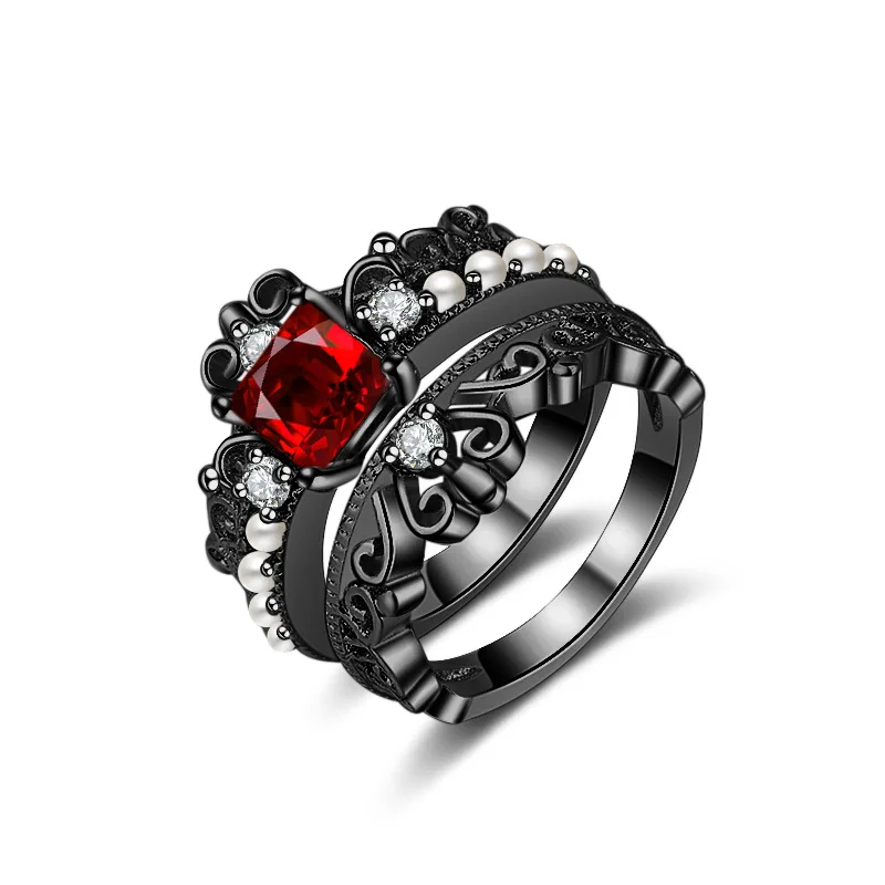 

Rings jewelry women 2018 shiny red zircon fashion jewelry black gold plating pearl romantic wedding ring wholesale